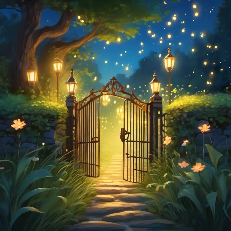 Lily discovers a path and gate, fireflies lighting the way.