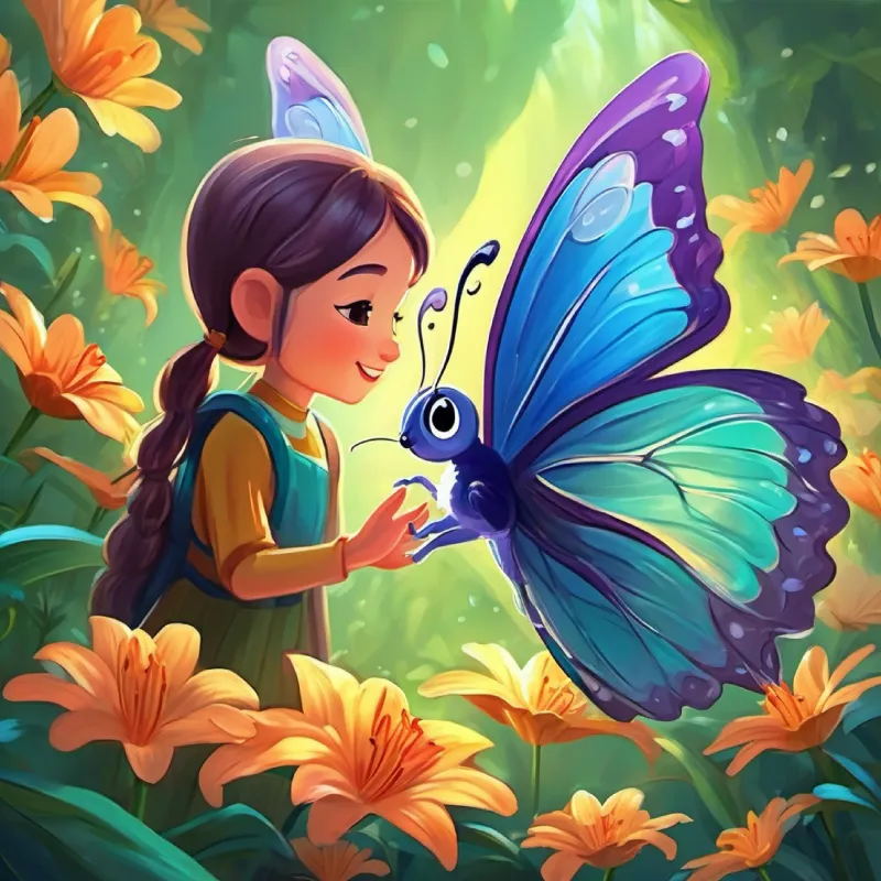 A friendly butterfly greets Lily, symbolizing the magic.