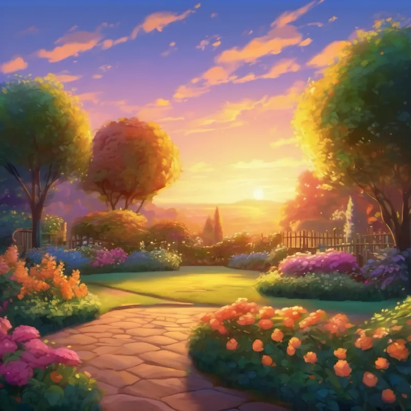 The garden glimmers at sunset, adding to its enchanted feel.