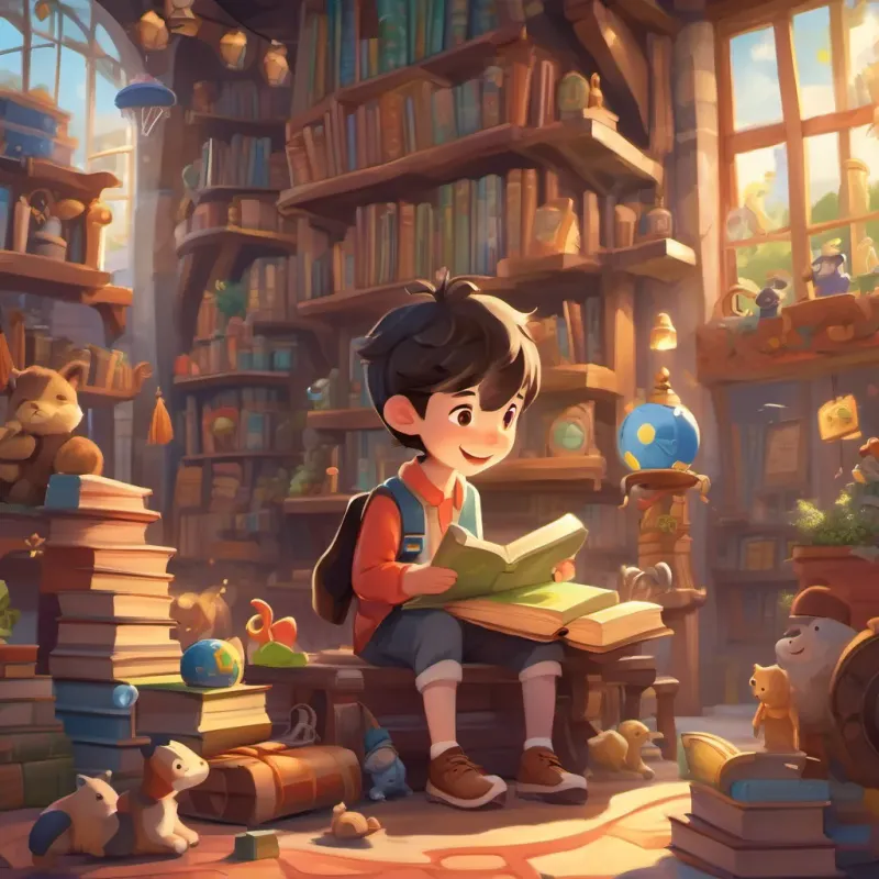 A lively town with whimsical characters, a big brass bell, and a boy named A happy and imaginative young boy in whimsical clothes, surrounded by books and toys with books and toys around him.