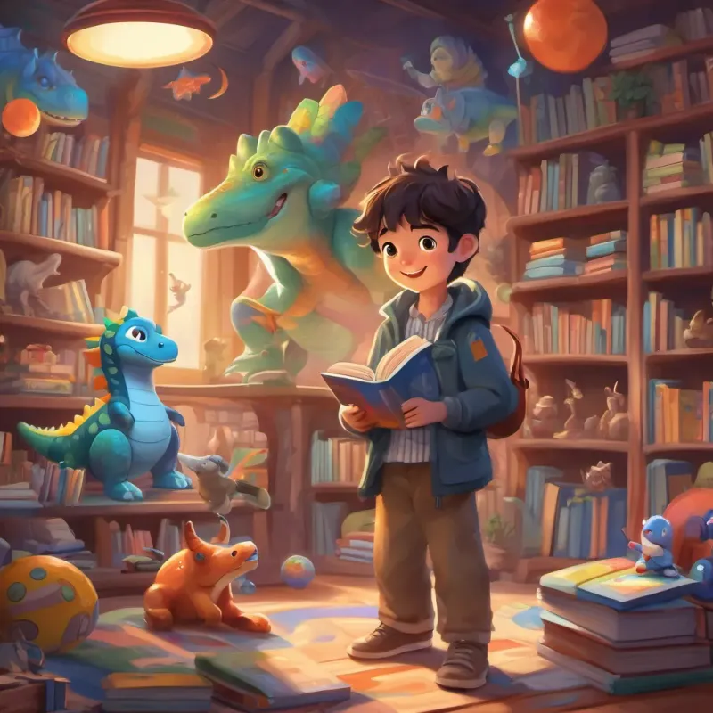 A happy and imaginative young boy in whimsical clothes, surrounded by books and toys with a frown, standing near a sign that says 'ABA Therapy' while his colorful imagination shows flying space dinosaurs.