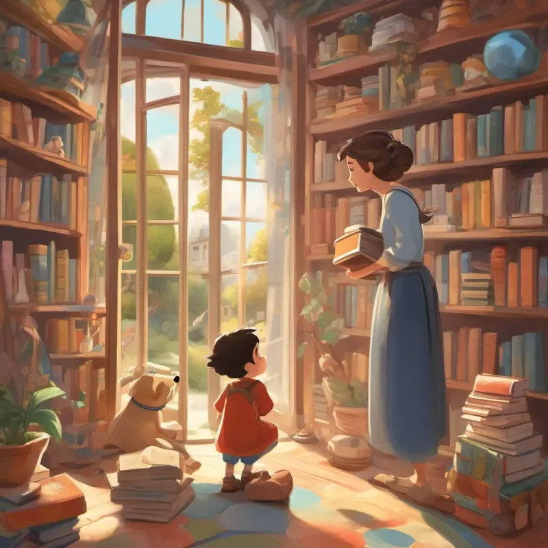 A caring mother talking to A happy and imaginative young boy in whimsical clothes, surrounded by books and toys, with a gentle breeze flowing through the window and a hint of adventure outside.