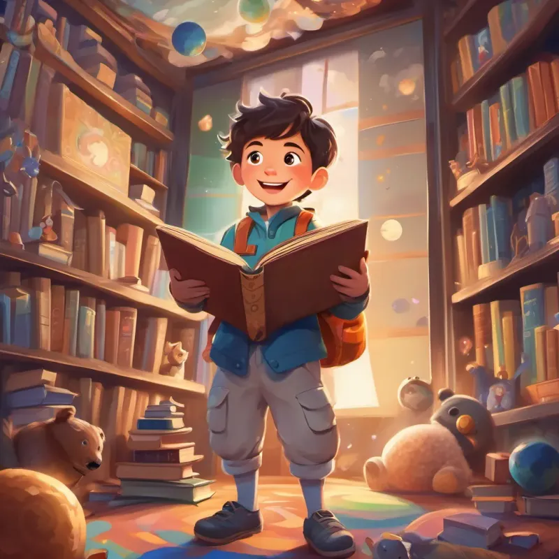 A happy and imaginative young boy in whimsical clothes, surrounded by books and toys's eyes lighting up with excitement at the thought of an adventure, imagining a journey to the moon.