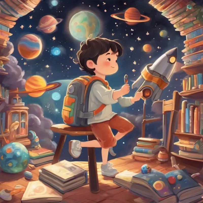 A whimsical rocket ship blasting off into space, with stars and planets around, and A happy and imaginative young boy in whimsical clothes, surrounded by books and toys and his mom inside.