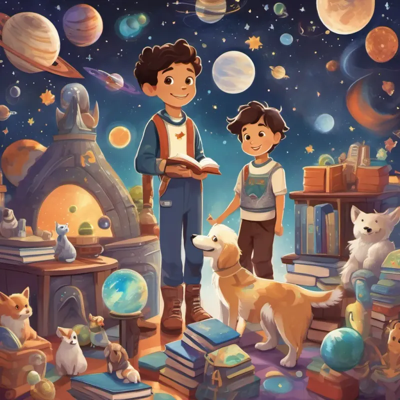 A whimsical, friendly space dog named A friendly space dog with sparkly fur and a lightning-shaped tail, in a cosmic setting greeting A happy and imaginative young boy in whimsical clothes, surrounded by books and toys and his mom in space with planets and stars around.