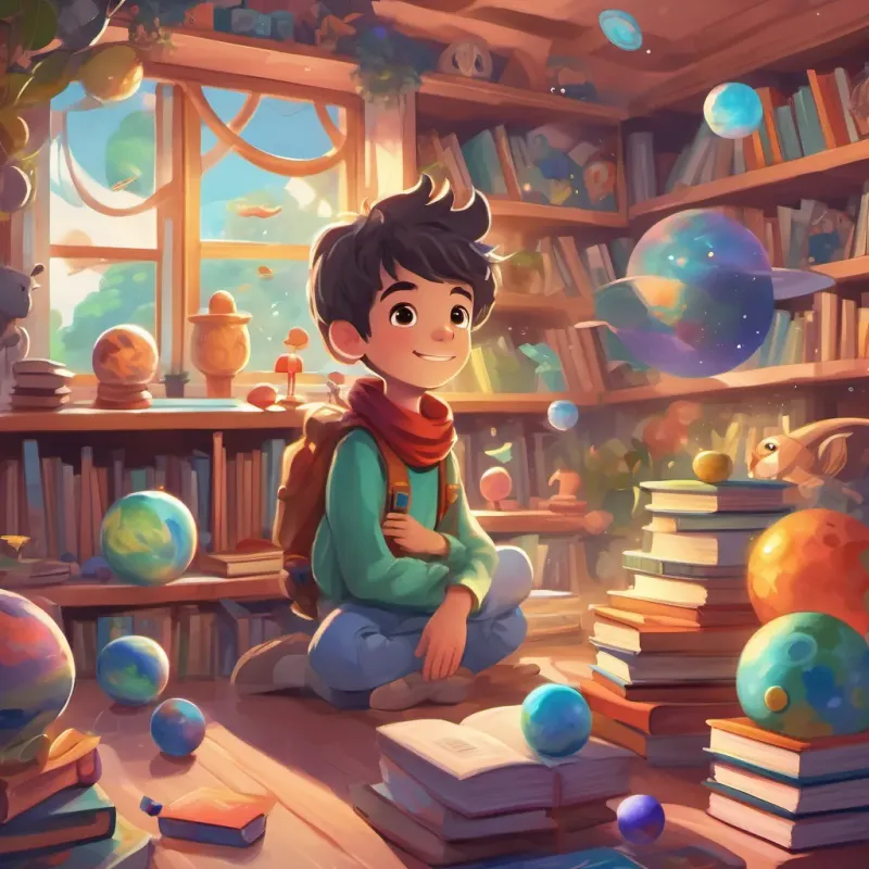 Colorful planets where numbers and shapes are floating, friendly aliens, and A happy and imaginative young boy in whimsical clothes, surrounded by books and toys having fun while learning.