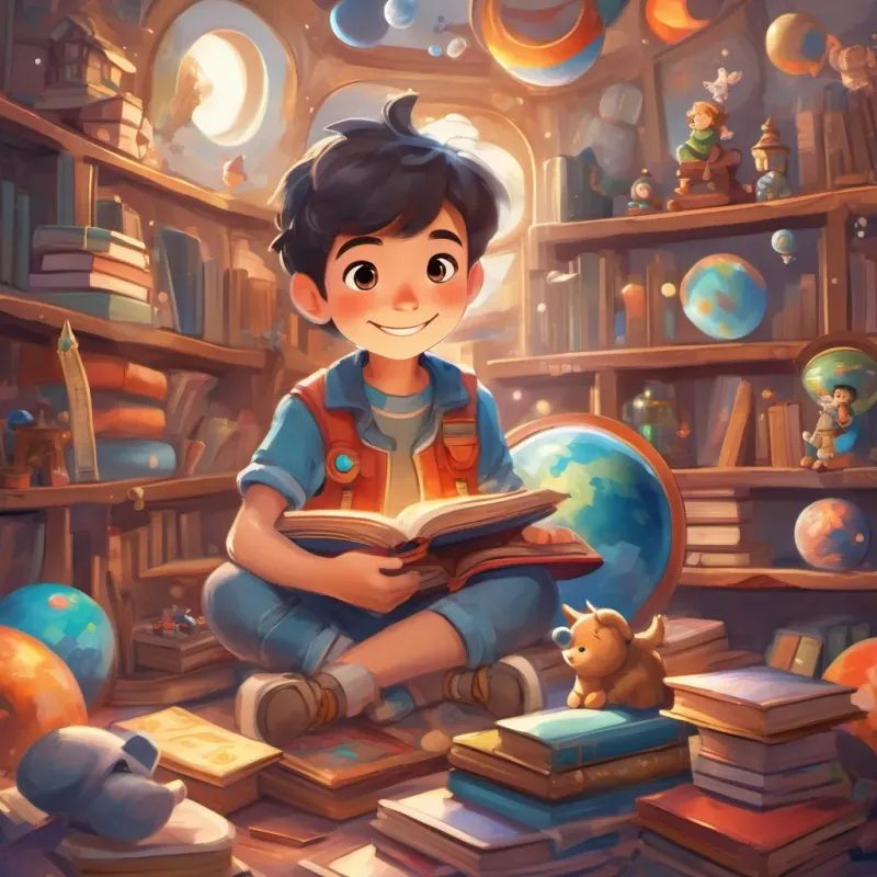 A happy and imaginative young boy in whimsical clothes, surrounded by books and toys enjoying his adventures in space, learning and playing games, feeling happy and at ease.
