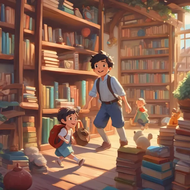 A happy and imaginative young boy in whimsical clothes, surrounded by books and toys and his mom returning to their whimsical town, both happy and smiling, feeling accomplished.