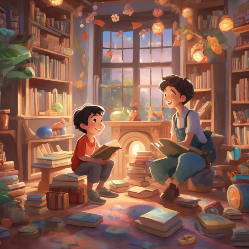 A cheerful ending scene with A happy and imaginative young boy in whimsical clothes, surrounded by books and toys and his mom, surrounded by whimsical elements and feeling happy.