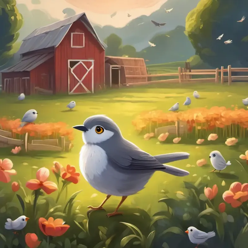 Small, grey bird with big, bright eyes and a kind heart feeling sad on the farm, with other birds, and the setting of the farm.