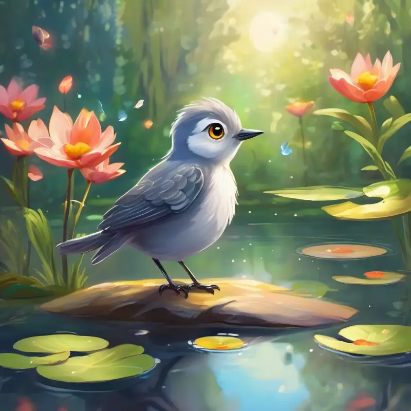 Small, grey bird with big, bright eyes and a kind heart discovering the magical pond and transforming into a beautiful bird, with the setting of the magical pond.