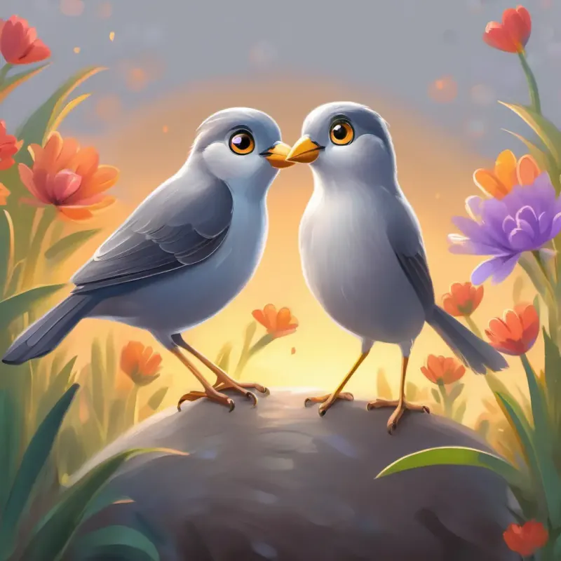 Small, grey bird with big, bright eyes and a kind heart feeling happy and appreciated, with the other birds and a joyful setting.