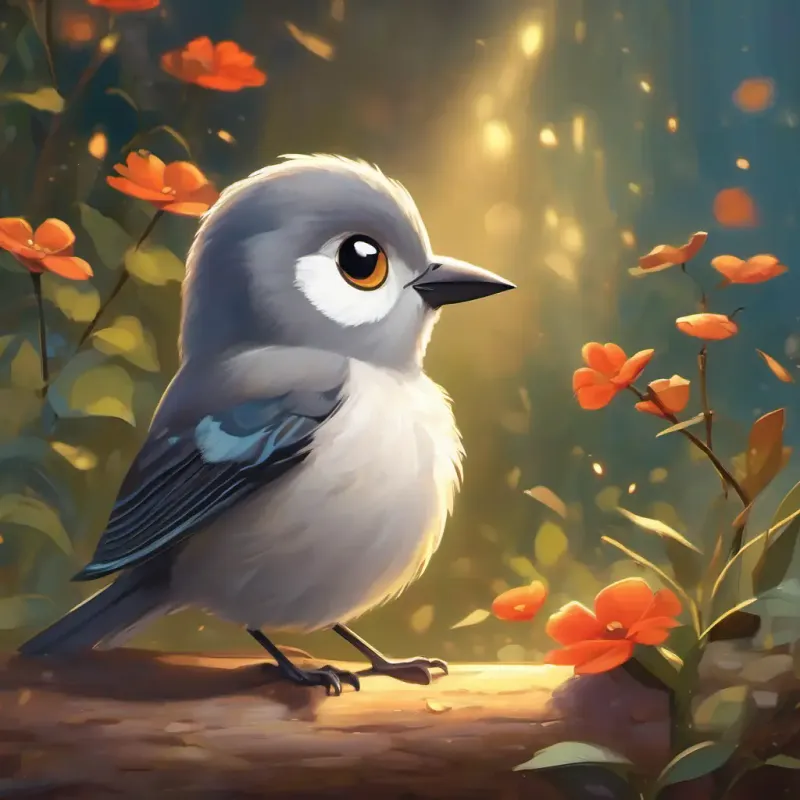 A lesson from Small, grey bird with big, bright eyes and a kind heart's story, emphasizing the importance of believing in oneself, with a heartwarming setting.