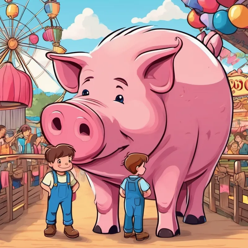 Boy with brown hair and blue overalls sees Giant pig with pink skin and a friendly smile the giant pig at the fair