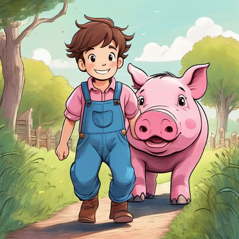 Boy with brown hair and blue overalls walks towards Giant pig with pink skin and a friendly smile with surprise on his face