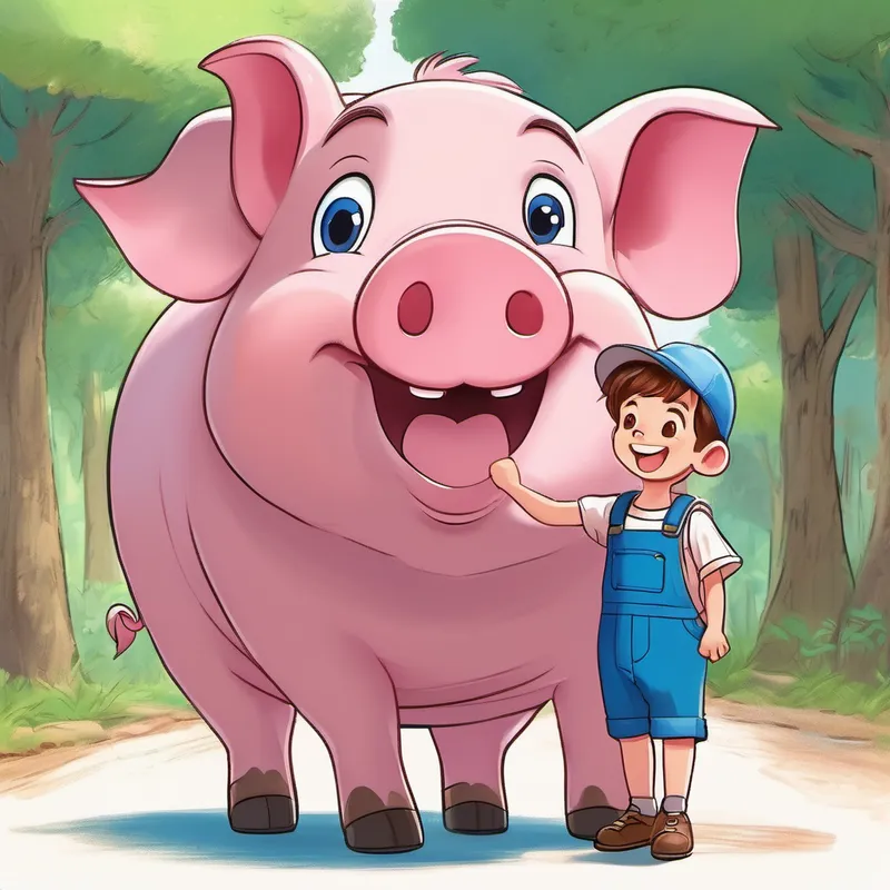 Boy with brown hair and blue overalls greets Giant pig with pink skin and a friendly smile with a big smile