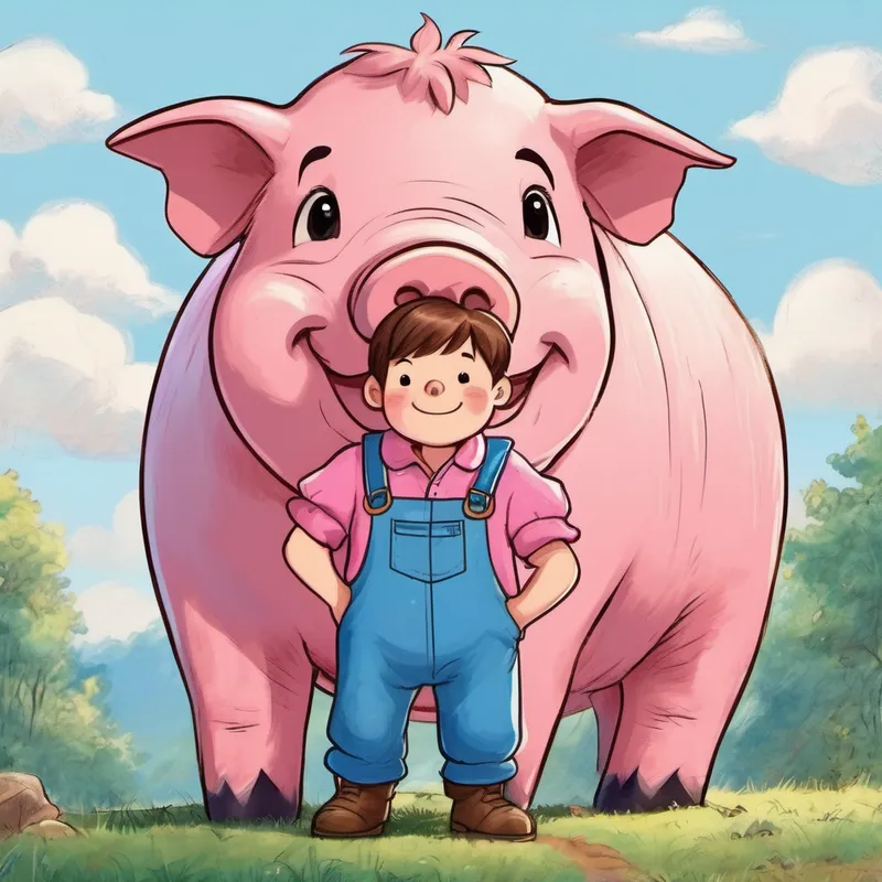 Giant pig with pink skin and a friendly smile looks kindly at Boy with brown hair and blue overalls