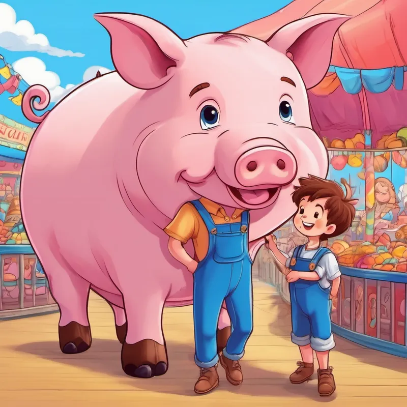Boy with brown hair and blue overalls and Giant pig with pink skin and a friendly smile having fun at the fair