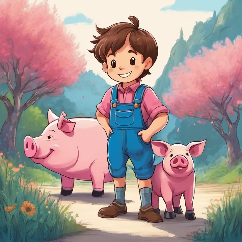 Boy with brown hair and blue overalls and Giant pig with pink skin and a friendly smile on a new adventure together