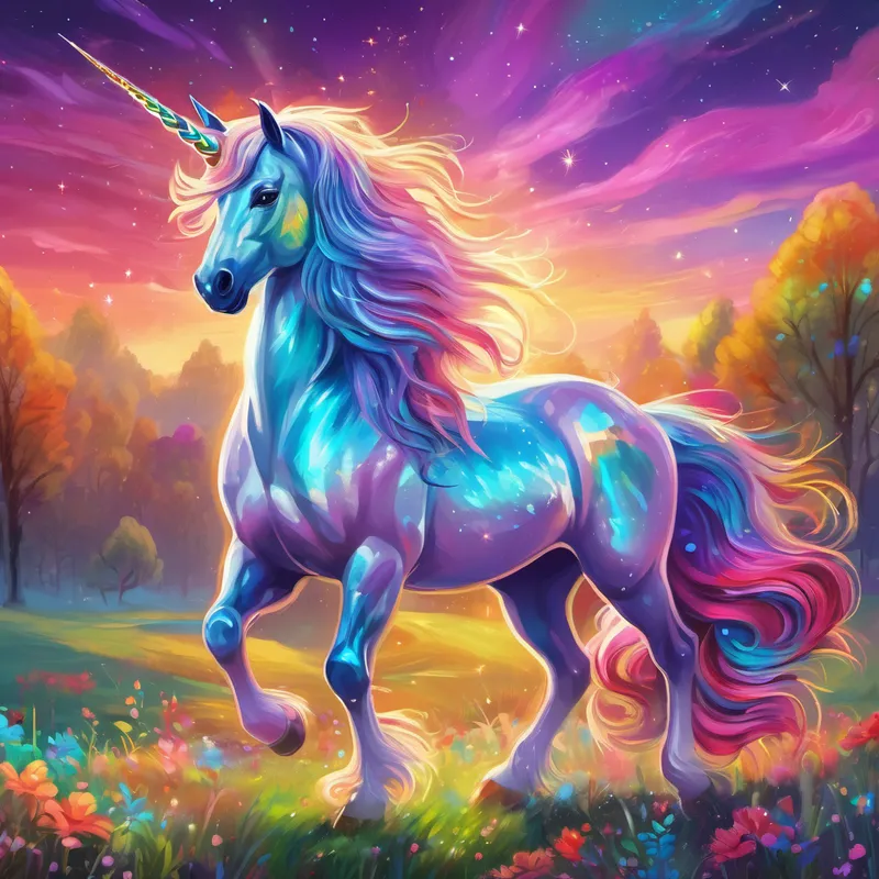 A colorful unicorn named A colorful unicorn with a shimmering mane and sparkly horn. in a magical land