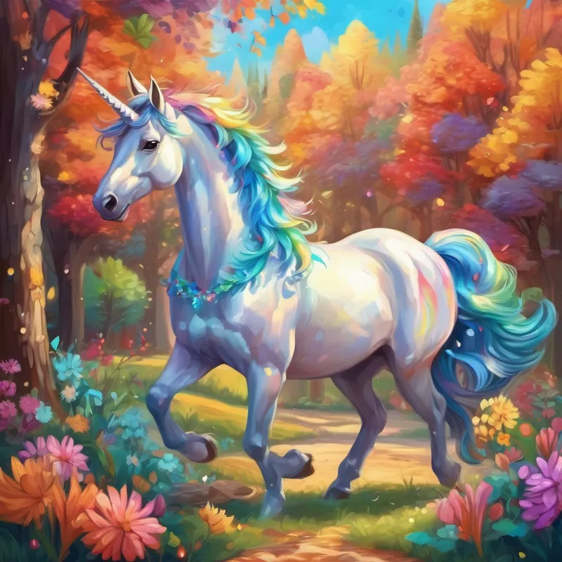 A colorful unicorn with a shimmering mane and sparkly horn. playing with squirrels, rabbits, and birds