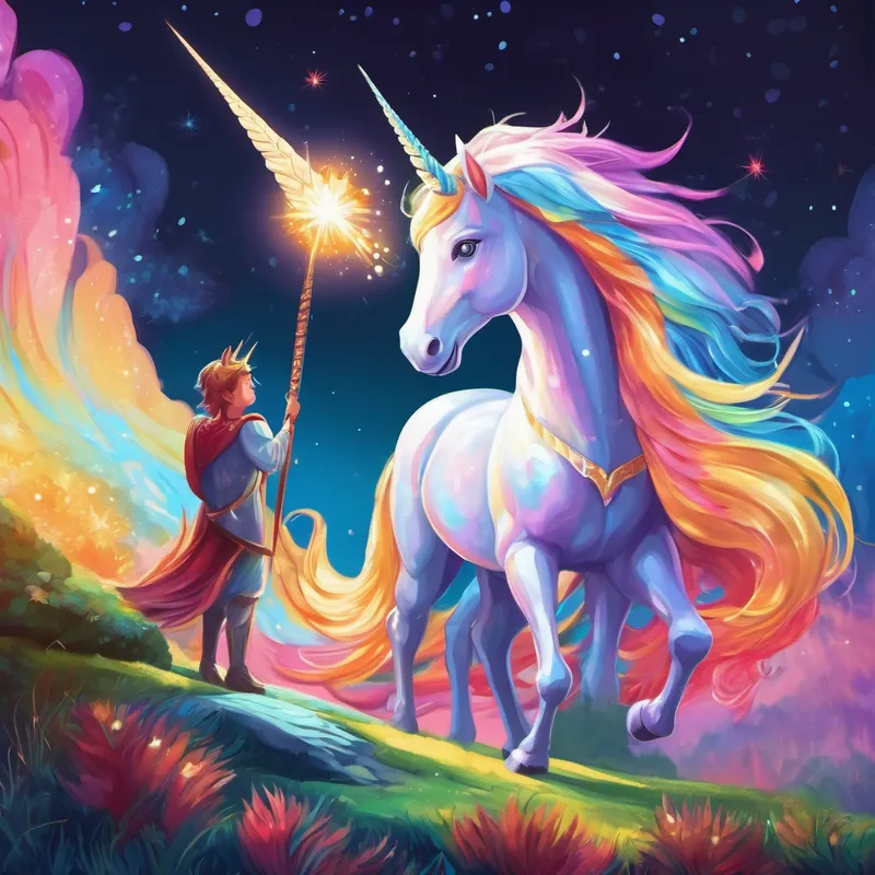 A colorful unicorn with a shimmering mane and sparkly horn. meeting a lonely dragon and inviting to play
