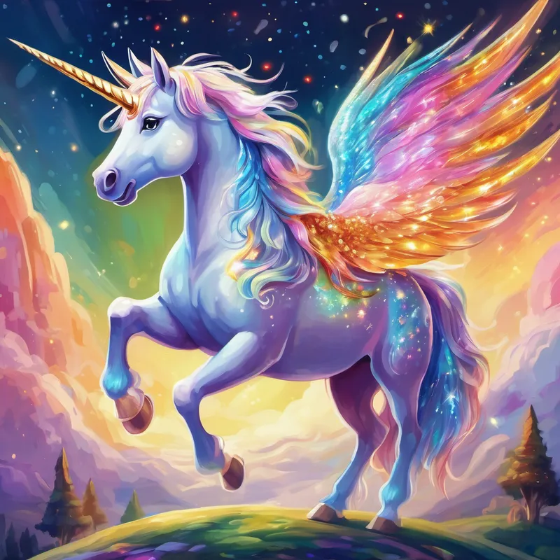 A colorful unicorn with a shimmering mane and sparkly horn. teaching dragon to fly and becoming friends