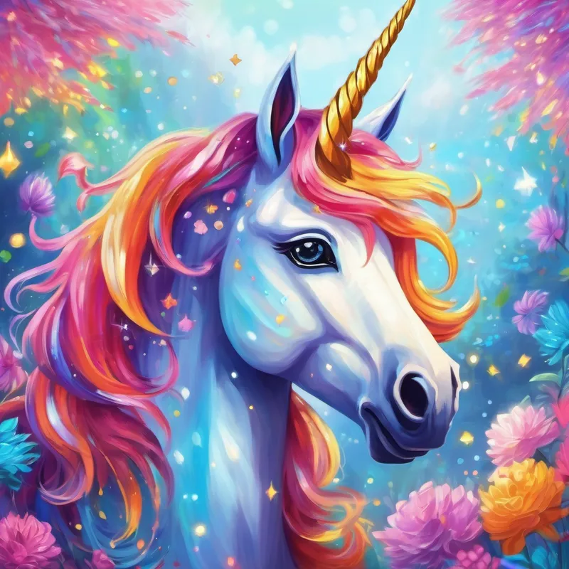 Other mythical creatures joining A colorful unicorn with a shimmering mane and sparkly horn.'s fun and games