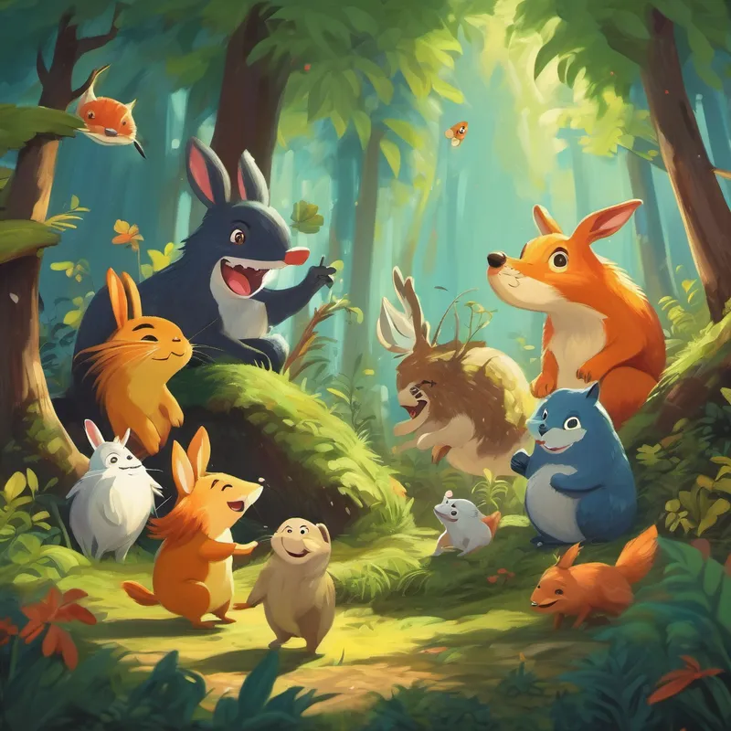 Different creatures laughing and playing together in the forest