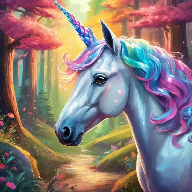 A colorful unicorn with a shimmering mane and sparkly horn. and forest creatures becoming best friends forever