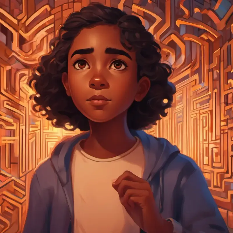 First challenge, maze setting, Young writer, vibrant gaze, ardent dreamer, brown skin, dark eyes's realizations.