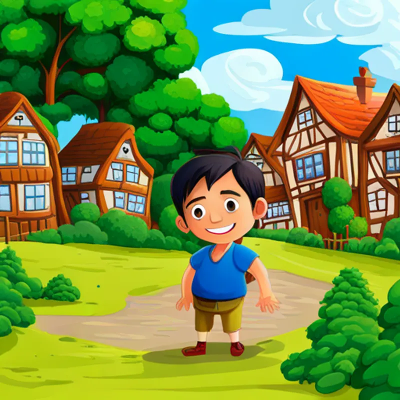 Curious and brave, with dark hair and a bright smile in his village, surrounded by trees and houses