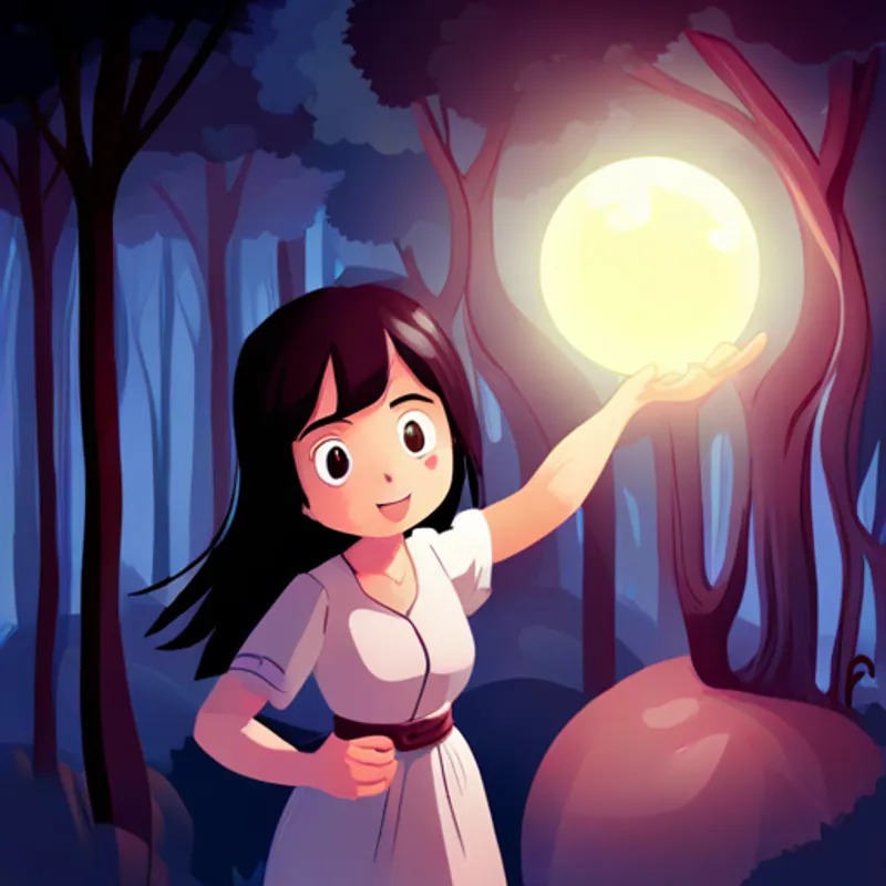 Curious and brave, with dark hair and a bright smile finding a glowing orb amidst the trees