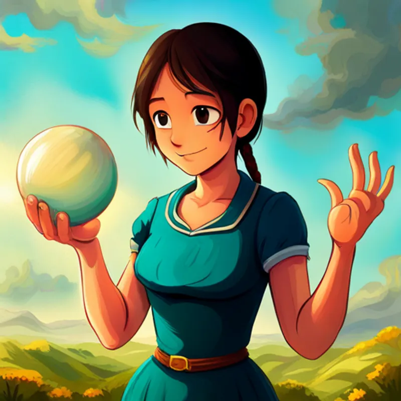 Curious and brave, with dark hair and a bright smile touching the orb and hearing whispered words