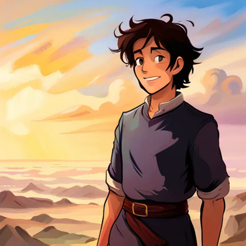 Curious and brave, with dark hair and a bright smile setting off on his adventure with the Winds