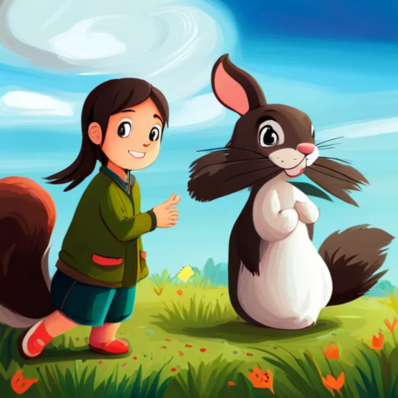 Curious and brave, with dark hair and a bright smile meeting animals like squirrels and rabbits