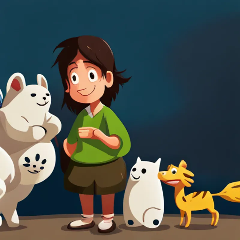 Curious and brave, with dark hair and a bright smile and animals working together to solve problems