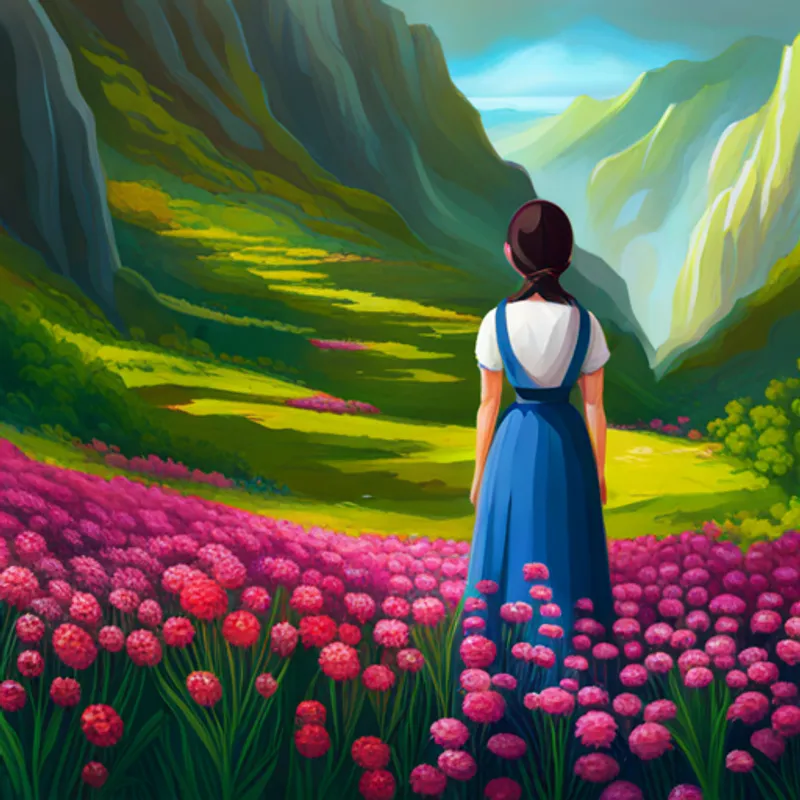 Curious and brave, with dark hair and a bright smile standing in a breathtaking valley surrounded by flowers