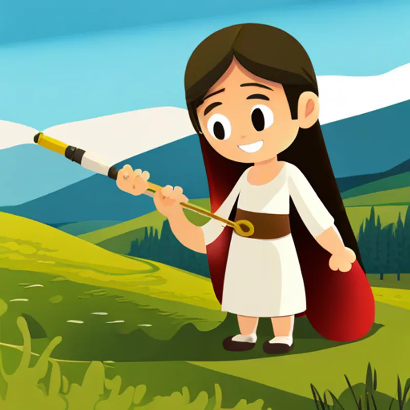 Curious and brave, with dark hair and a bright smile discovering a golden flute in the valley