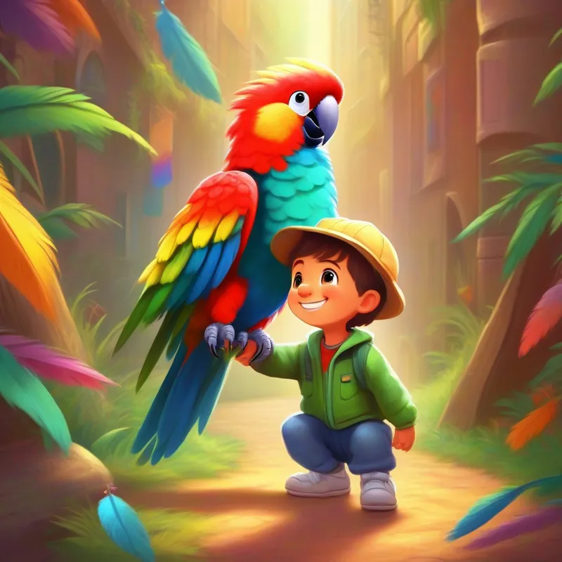 A parrot with colorful feathers and a friendly disposition the parrot meets A happy little boy who loves learning new things for the first time.