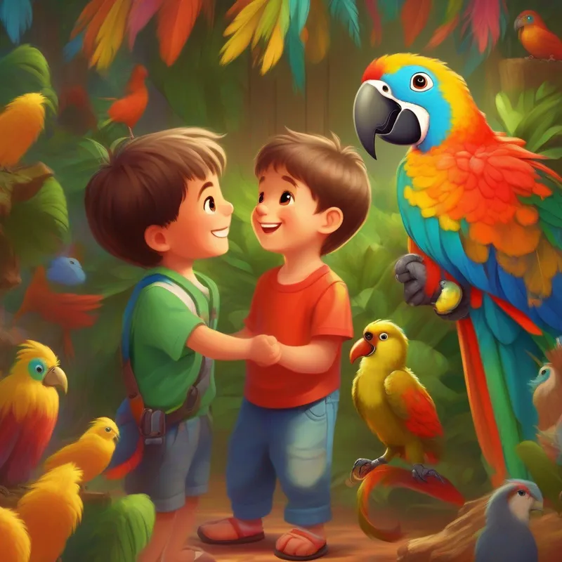 A parrot with colorful feathers and a friendly disposition teaches A happy little boy who loves learning new things new words and their meanings.