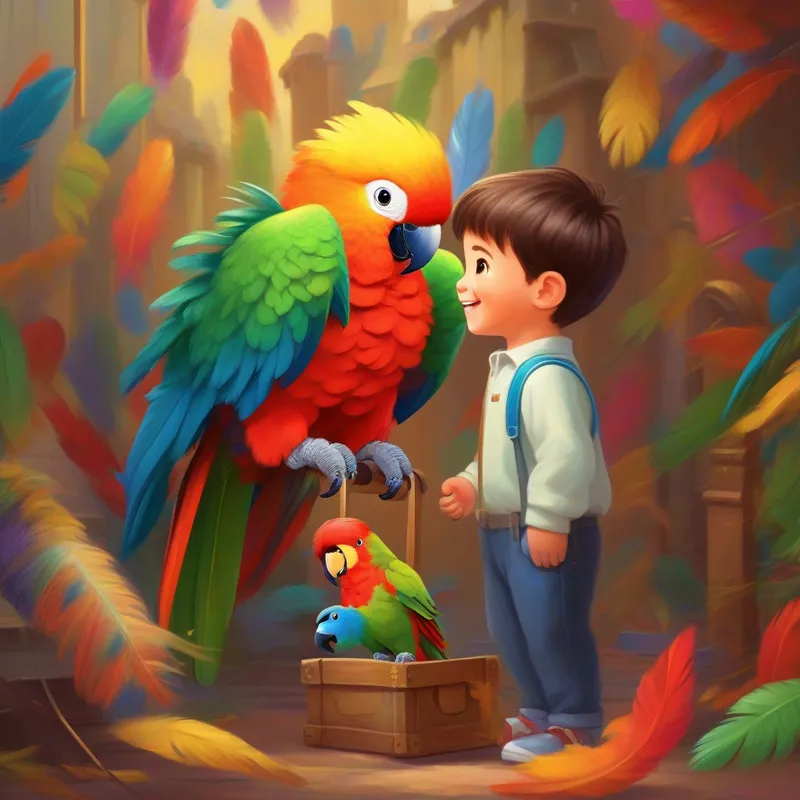 A parrot with colorful feathers and a friendly disposition empathizes with A happy little boy who loves learning new things when his toy breaks.