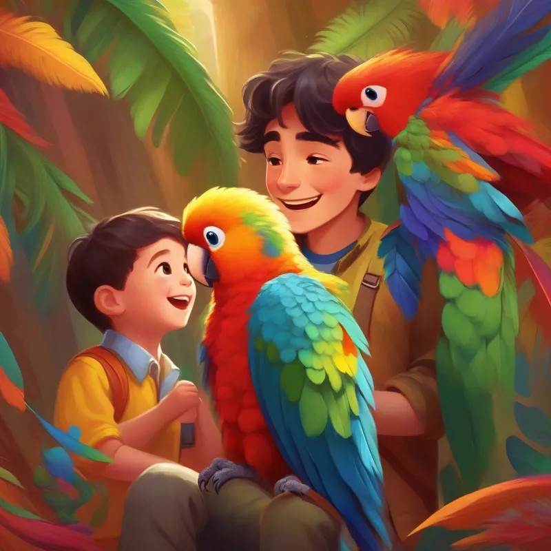 A parrot with colorful feathers and a friendly disposition and A happy little boy who loves learning new things learn to share their feelings and emotions.
