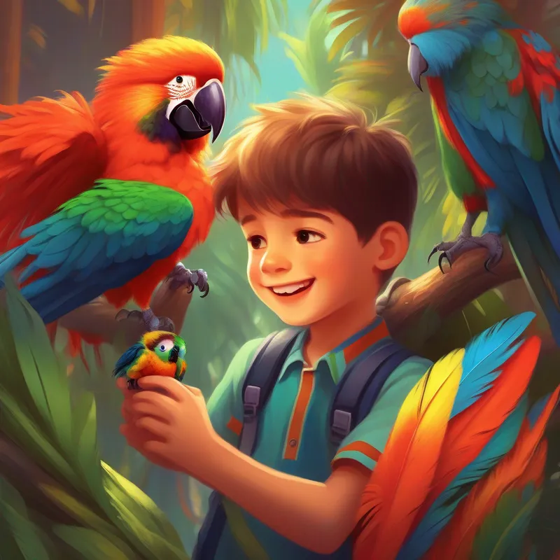 A happy little boy who loves learning new things and A parrot with colorful feathers and a friendly disposition help an injured bird.
