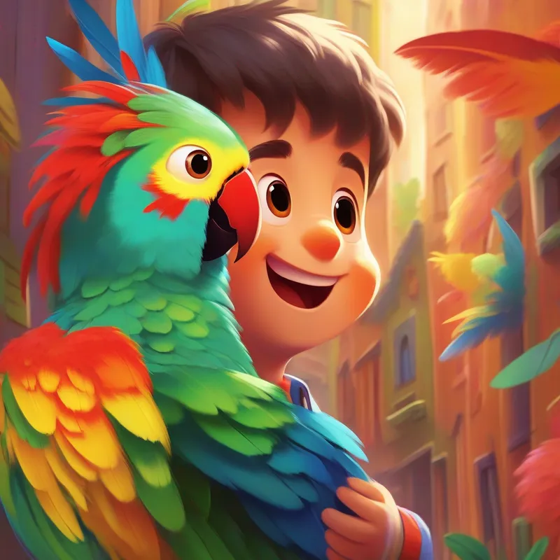 A parrot with colorful feathers and a friendly disposition and A happy little boy who loves learning new things's impact on their neighborhood.