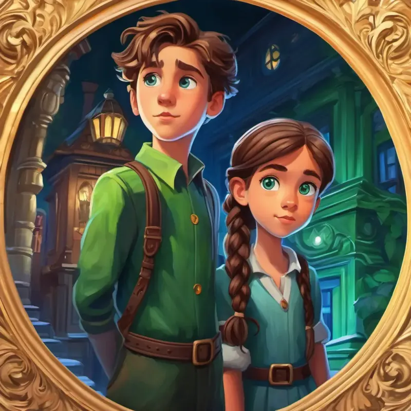 Curious boy with brown hair, blue eyes and Adventurous girl with braided hair, green eyes exploring a haunted mansion