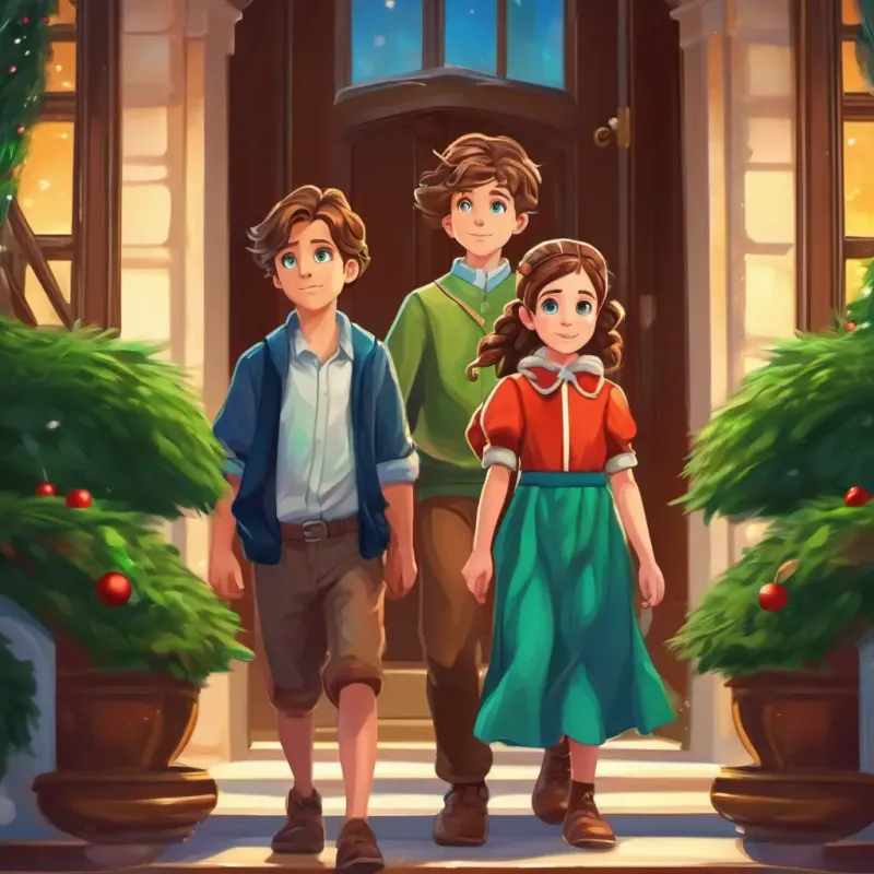 Curious boy with brown hair, blue eyes and Adventurous girl with braided hair, green eyes leaving the mansion with new thoughts and feelings