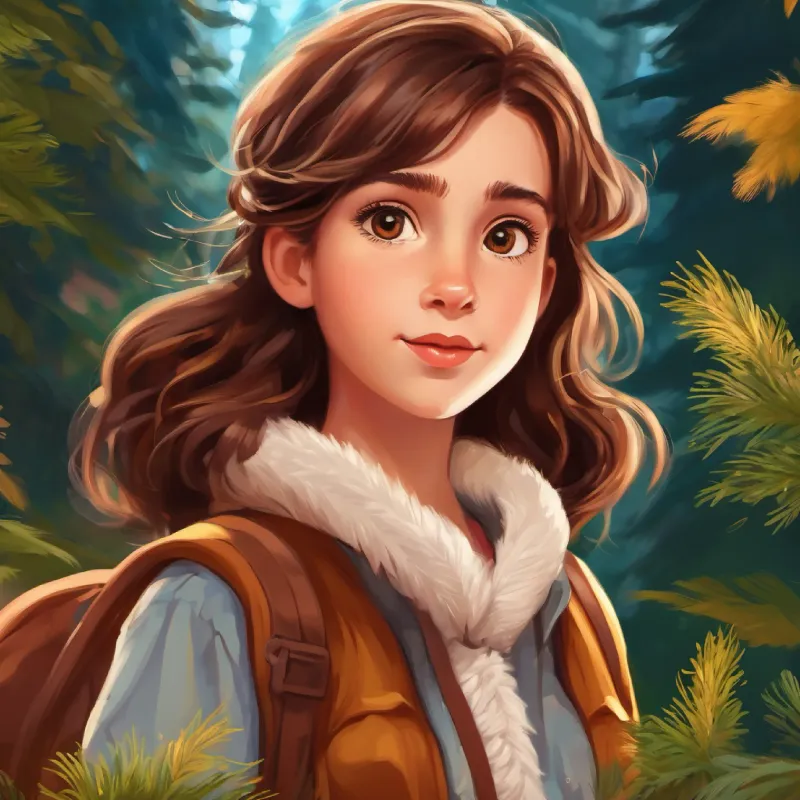 Curious girl, wild brown hair, brown eyes, adventurous spirit, the main character, is introduced, showing her attraction to the forest