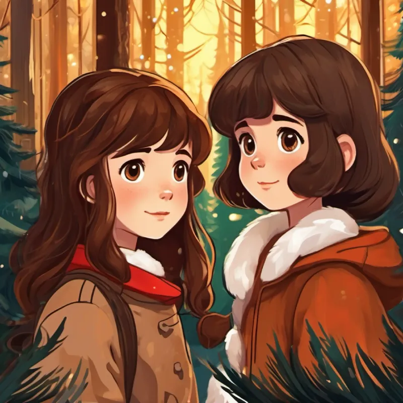 Highlighting the bond between Curious girl, wild brown hair, brown eyes, adventurous spirit and the forest