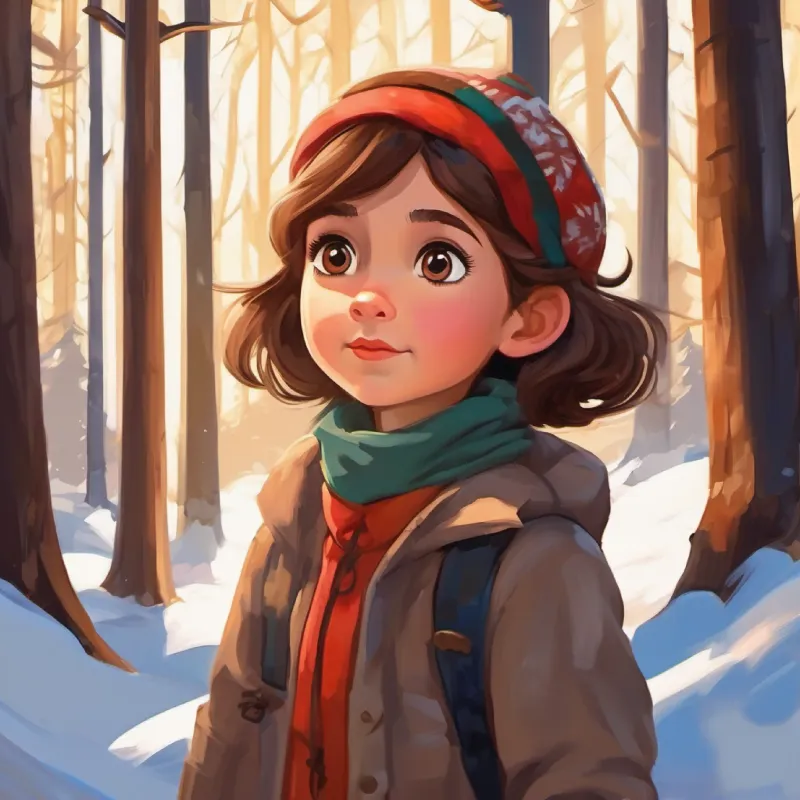 Curious girl, wild brown hair, brown eyes, adventurous spirit decides to explore the forest
